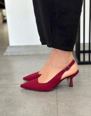 devin sivri burun arkası açık kadın topuklu ayakkabı bordo mat saten