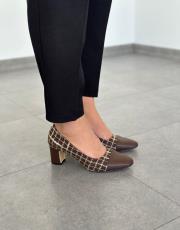 nina küt burun kumaş desen kadın topuklu ayakkabı kahve teks