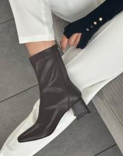 zarina küt burun fermuar detay streç topuklu kadın bot acı kahve deri