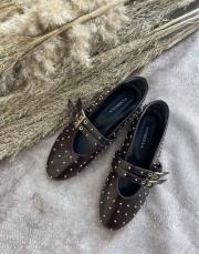 balvin oval burun trok taş detay çift tokalı kadın babet acı kahve