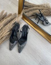 onnov sivri burun ön taş detay arkası açık kadın topuklu ayakkabı siyah